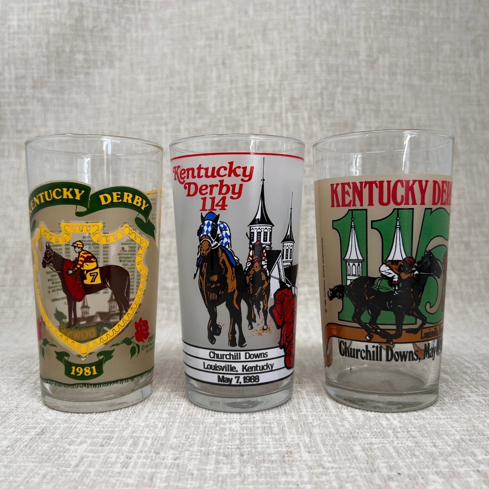 Vintage 80s Kentucky Derby Mint Julep Glasses Set of‎ 3 1981 1988 1989 Churchill